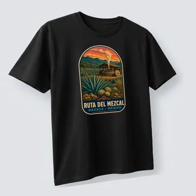 Vintage poster style T-shirt showcasing mezcal production scene with colorful design — printed on a unisex t-shirt (angled view)