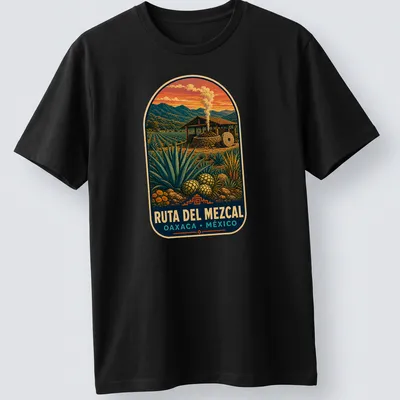 Vintage poster style T-shirt showcasing mezcal production scene with colorful design