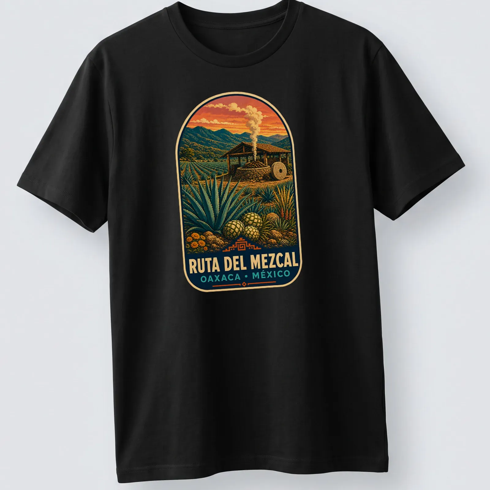 Vintage poster style T-shirt showcasing mezcal production scene with colorful design — printed on a unisex t-shirt