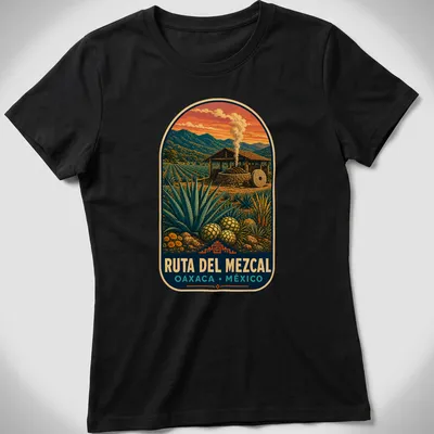 Vintage poster style T-shirt showcasing mezcal production scene with colorful design — printed on a women's shirt
