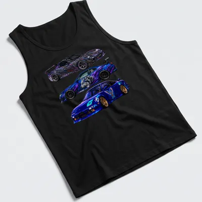 Vibrant graphic T-shirt featuring modified sports cars and Rx7 Fda3, S15, 180Sx text. — printed on a tank top
