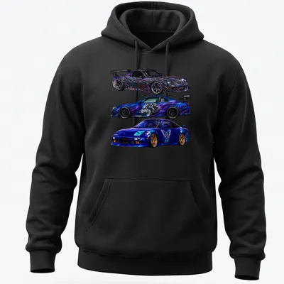 Vibrant graphic T-shirt featuring modified sports cars and Rx7 Fda3, S15, 180Sx text. — printed on a unisex hoodie