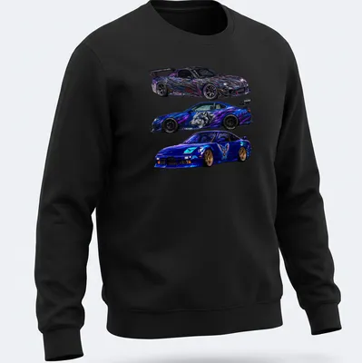 Vibrant graphic T-shirt featuring modified sports cars and Rx7 Fda3, S15, 180Sx text. — printed on a unisex sweatshirt