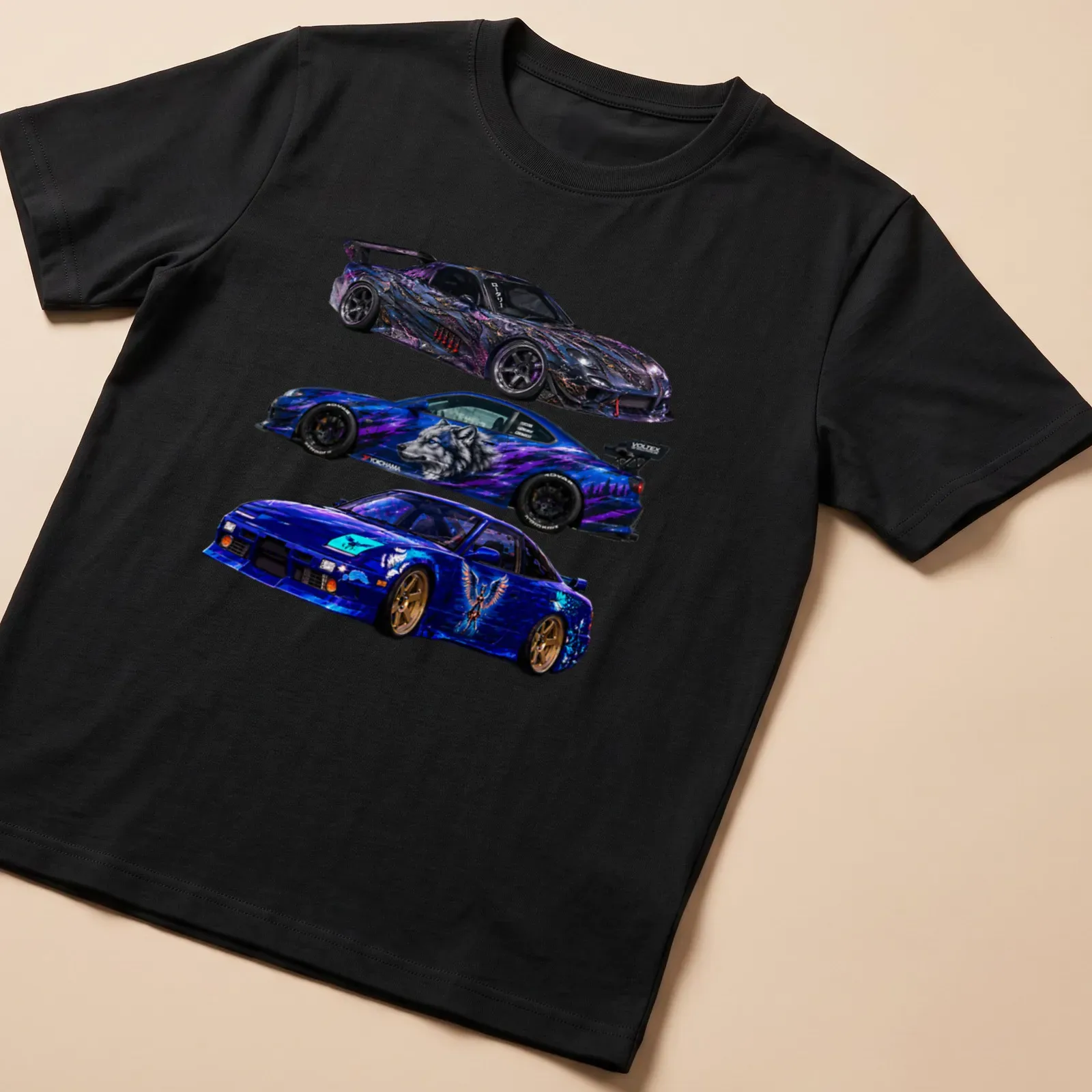Vibrant graphic T-shirt featuring modified sports cars and Rx7 Fda3, S15, 180Sx text. — printed on a unisex t-shirt