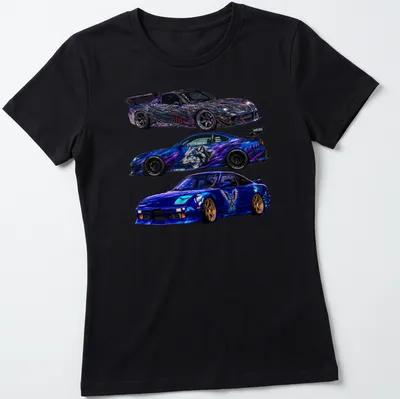 Vibrant graphic T-shirt featuring modified sports cars and Rx7 Fda3, S15, 180Sx text. — printed on a women's shirt