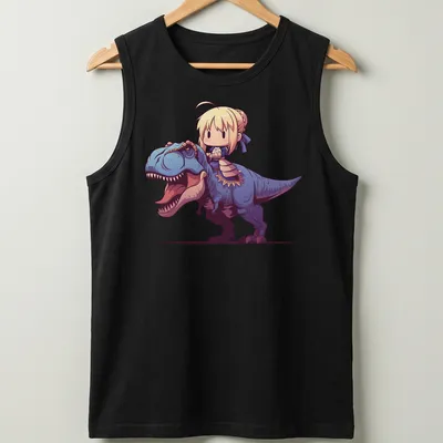 Kawaii design of Saber character riding a blue dinosaur in pastel colors — printed on a tank top