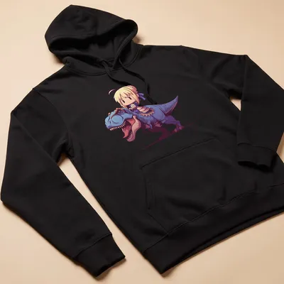 Kawaii design of Saber character riding a blue dinosaur in pastel colors — printed on a unisex hoodie