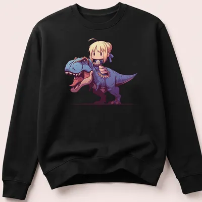 Kawaii design of Saber character riding a blue dinosaur in pastel colors — printed on a unisex sweatshirt