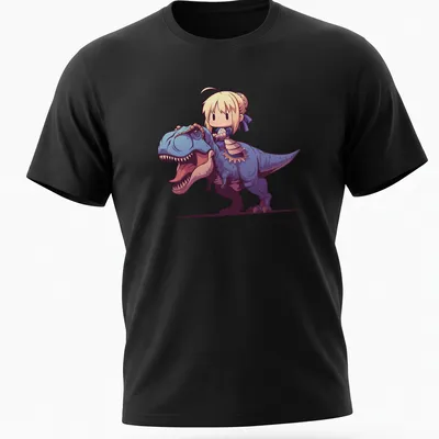 Kawaii design of Saber character riding a blue dinosaur in pastel colors