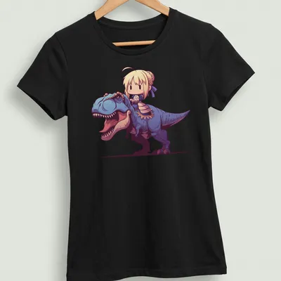 Kawaii design of Saber character riding a blue dinosaur in pastel colors — printed on a women's shirt