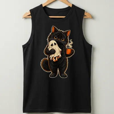 Colorful cartoon black cat holding ghost and coffee in a whimsical style — printed on a tank top
