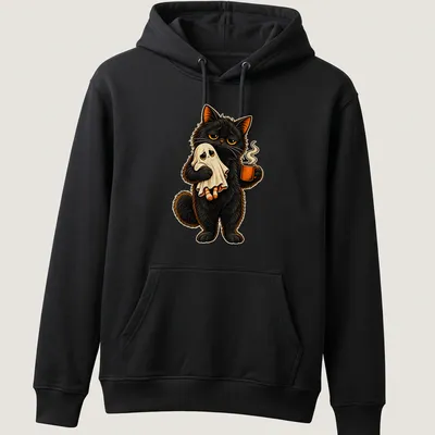 Colorful cartoon black cat holding ghost and coffee in a whimsical style — printed on a unisex hoodie