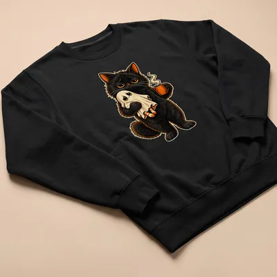 Colorful cartoon black cat holding ghost and coffee in a whimsical style — printed on a unisex sweatshirt