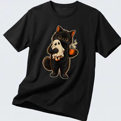 Colorful cartoon black cat holding ghost and coffee in a whimsical style