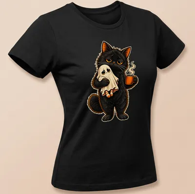 Colorful cartoon black cat holding ghost and coffee in a whimsical style — printed on a women's shirt