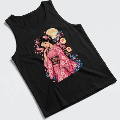 Illustration of a kimono girl with cherry blossoms in colorful anime style — printed on a tank top