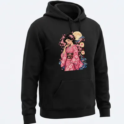 Illustration of a kimono girl with cherry blossoms in colorful anime style — printed on a unisex hoodie