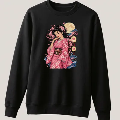 Illustration of a kimono girl with cherry blossoms in colorful anime style — printed on a unisex sweatshirt