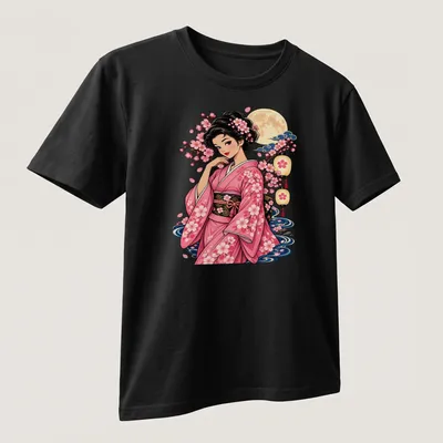 Illustration of a kimono girl with cherry blossoms in colorful anime style — printed on a unisex t-shirt (angled view)