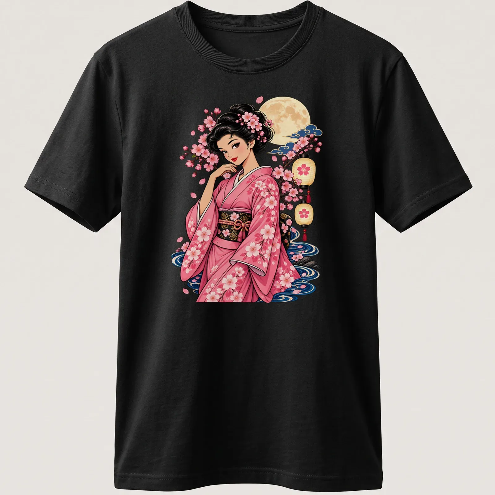 Illustration of a kimono girl with cherry blossoms in colorful anime style — printed on a unisex t-shirt