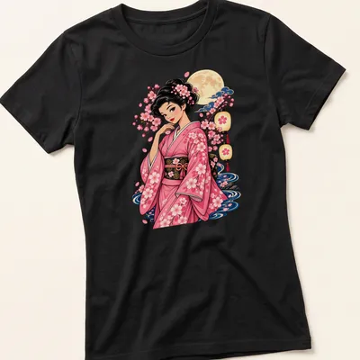 Illustration of a kimono girl with cherry blossoms in colorful anime style — printed on a women's shirt