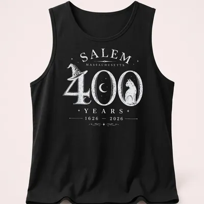 Vintage Salem Massachusetts t-shirt featuring a cat and historical text — printed on a tank top