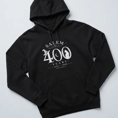 Vintage Salem Massachusetts t-shirt featuring a cat and historical text — printed on a unisex hoodie