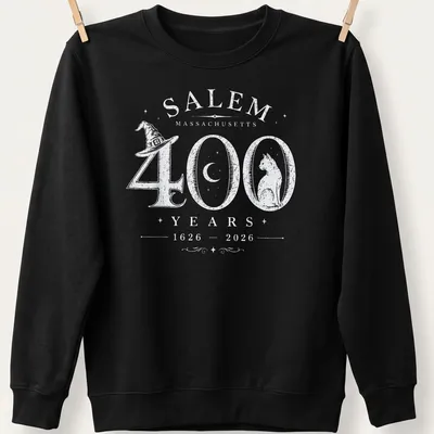 Vintage Salem Massachusetts t-shirt featuring a cat and historical text — printed on a unisex sweatshirt