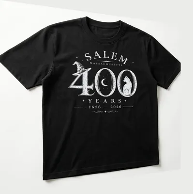 Vintage Salem Massachusetts t-shirt featuring a cat and historical text — printed on a unisex t-shirt (angled view)