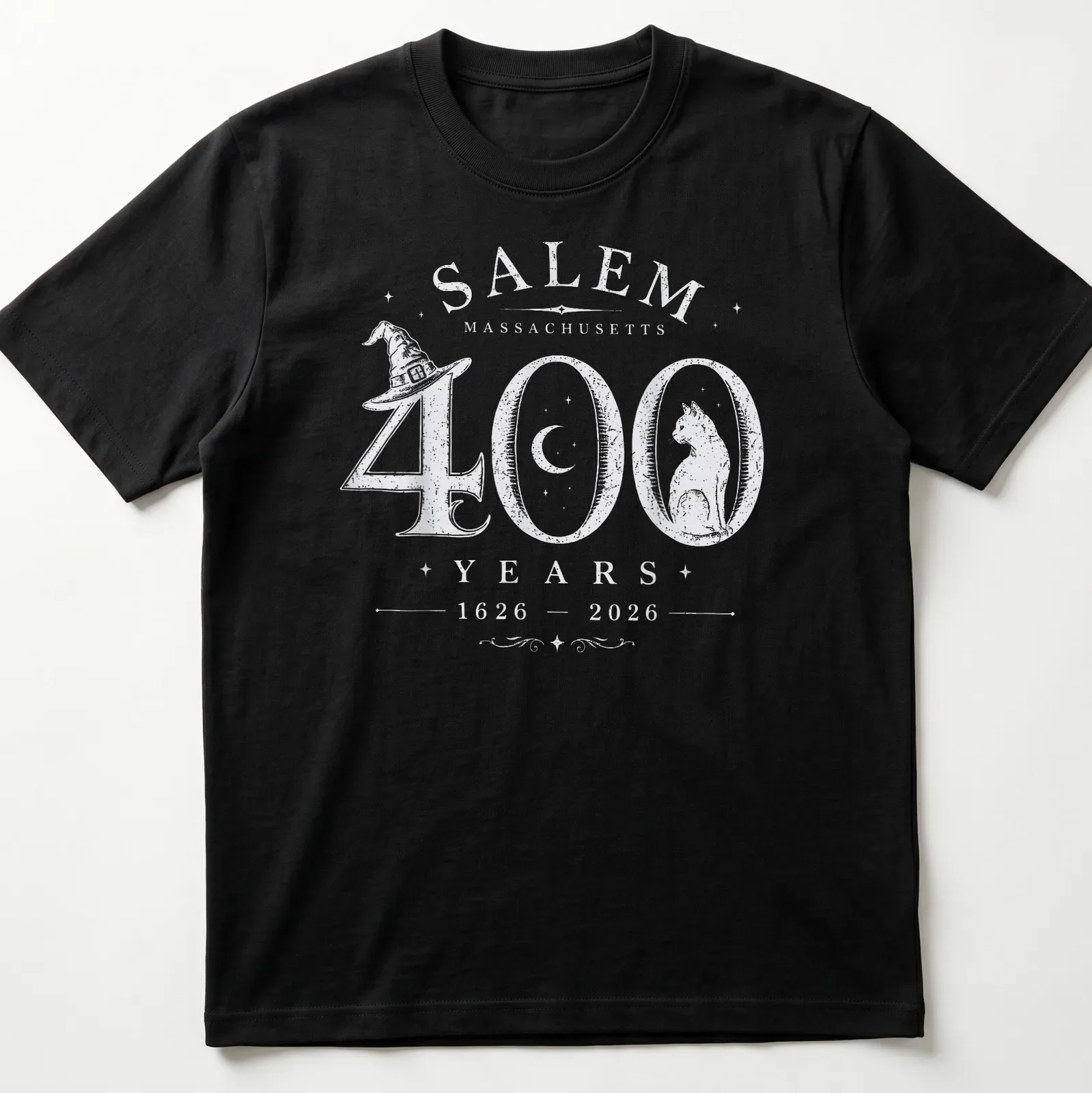 Vintage Salem Massachusetts t-shirt featuring a cat and historical text — printed on a unisex t-shirt