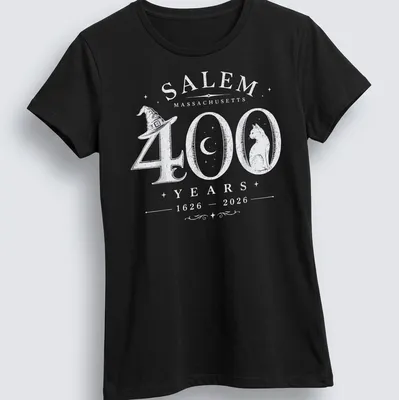 Vintage Salem Massachusetts t-shirt featuring a cat and historical text — printed on a women's shirt