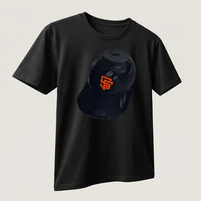 Illustrative San Francisco Giants cap t-shirt in black and orange. — printed on a unisex t-shirt (angled view)