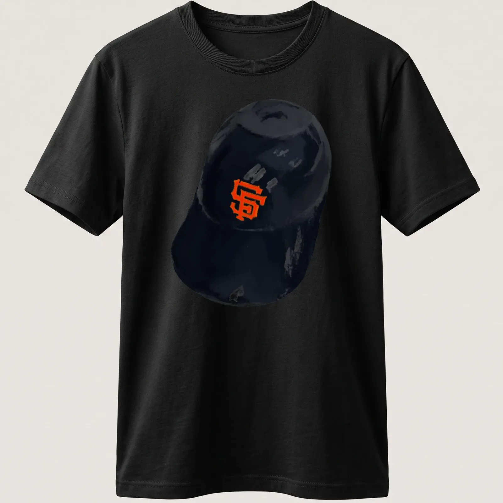 Illustrative San Francisco Giants cap t-shirt in black and orange. — printed on a unisex t-shirt