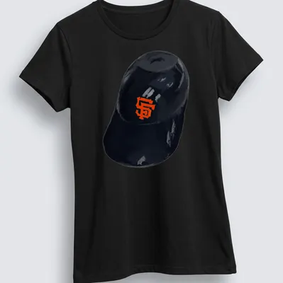 Illustrative San Francisco Giants cap t-shirt in black and orange. — printed on a women's shirt