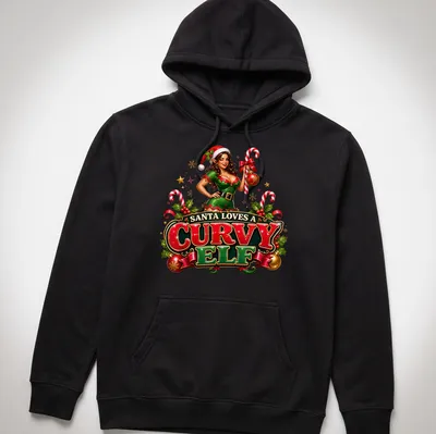 Colorful festive graphic of a curvy elf with 'Santa Loves A Curvy Elf' text — printed on a unisex hoodie