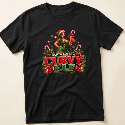 Colorful festive graphic of a curvy elf with 'Santa Loves A Curvy Elf' text