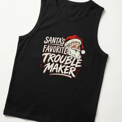 Vintage cartoon Santa Claus with the text 'Santa's Favorite Trouble Maker' in red and cream — printed on a tank top