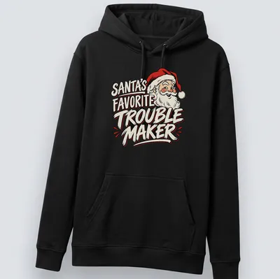 Vintage cartoon Santa Claus with the text 'Santa's Favorite Trouble Maker' in red and cream — printed on a unisex hoodie