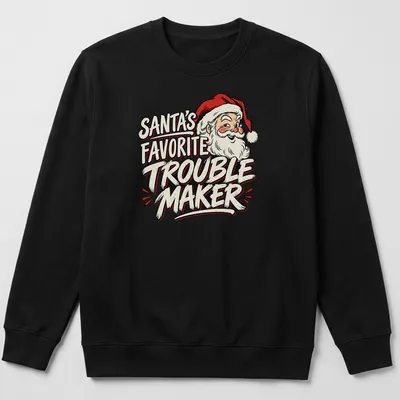 Vintage cartoon Santa Claus with the text 'Santa's Favorite Trouble Maker' in red and cream — printed on a unisex sweatshirt