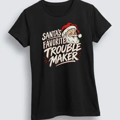 Vintage cartoon Santa Claus with the text 'Santa's Favorite Trouble Maker' in red and cream — printed on a women's shirt