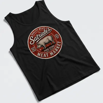 Vintage retro design featuring a pig and text about quality meats. — printed on a tank top