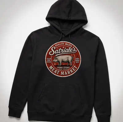 Vintage retro design featuring a pig and text about quality meats. — printed on a unisex hoodie