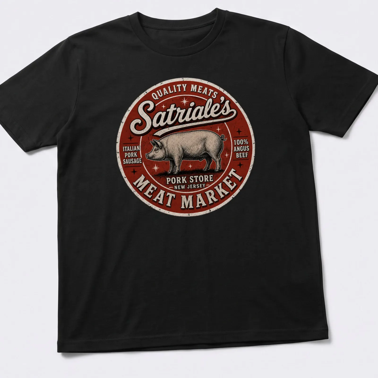 Vintage retro design featuring a pig and text about quality meats. — printed on a unisex t-shirt
