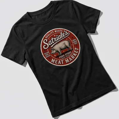 Vintage retro design featuring a pig and text about quality meats. — printed on a women's shirt
