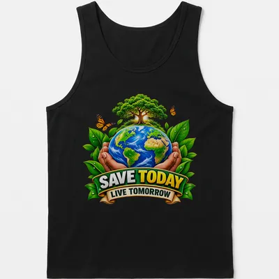 Colorful design of Earth held by hands with trees, featuring the text 'SAVE TODAY LIVE TOMORROW' — printed on a tank top