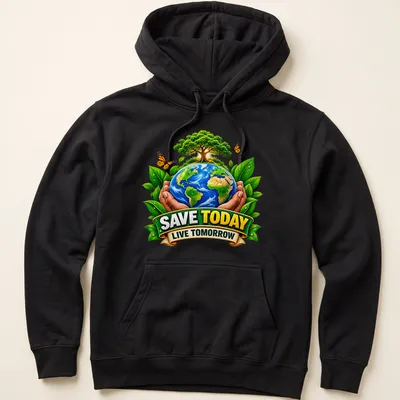 Colorful design of Earth held by hands with trees, featuring the text 'SAVE TODAY LIVE TOMORROW' — printed on a unisex hoodie