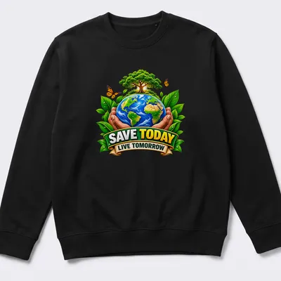 Colorful design of Earth held by hands with trees, featuring the text 'SAVE TODAY LIVE TOMORROW' — printed on a unisex sweatshirt