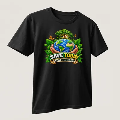 Colorful design of Earth held by hands with trees, featuring the text 'SAVE TODAY LIVE TOMORROW' — printed on a unisex t-shirt (angled view)