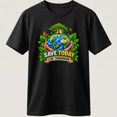 Colorful design of Earth held by hands with trees, featuring the text 'SAVE TODAY LIVE TOMORROW'