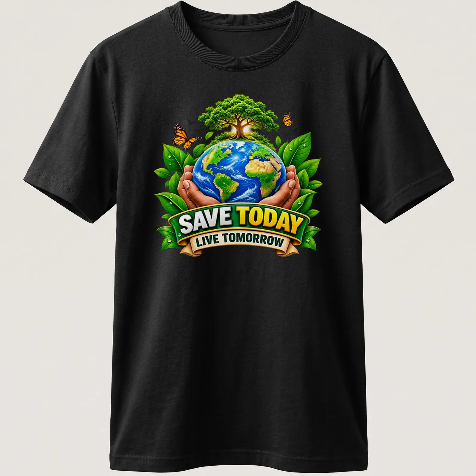 Colorful design of Earth held by hands with trees, featuring the text 'SAVE TODAY LIVE TOMORROW' — printed on a unisex t-shirt